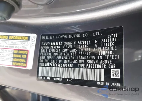 2019 Honda Clarity Plug-In Hybrid from USA, damaged, VIN JHMZC5F15KC001298